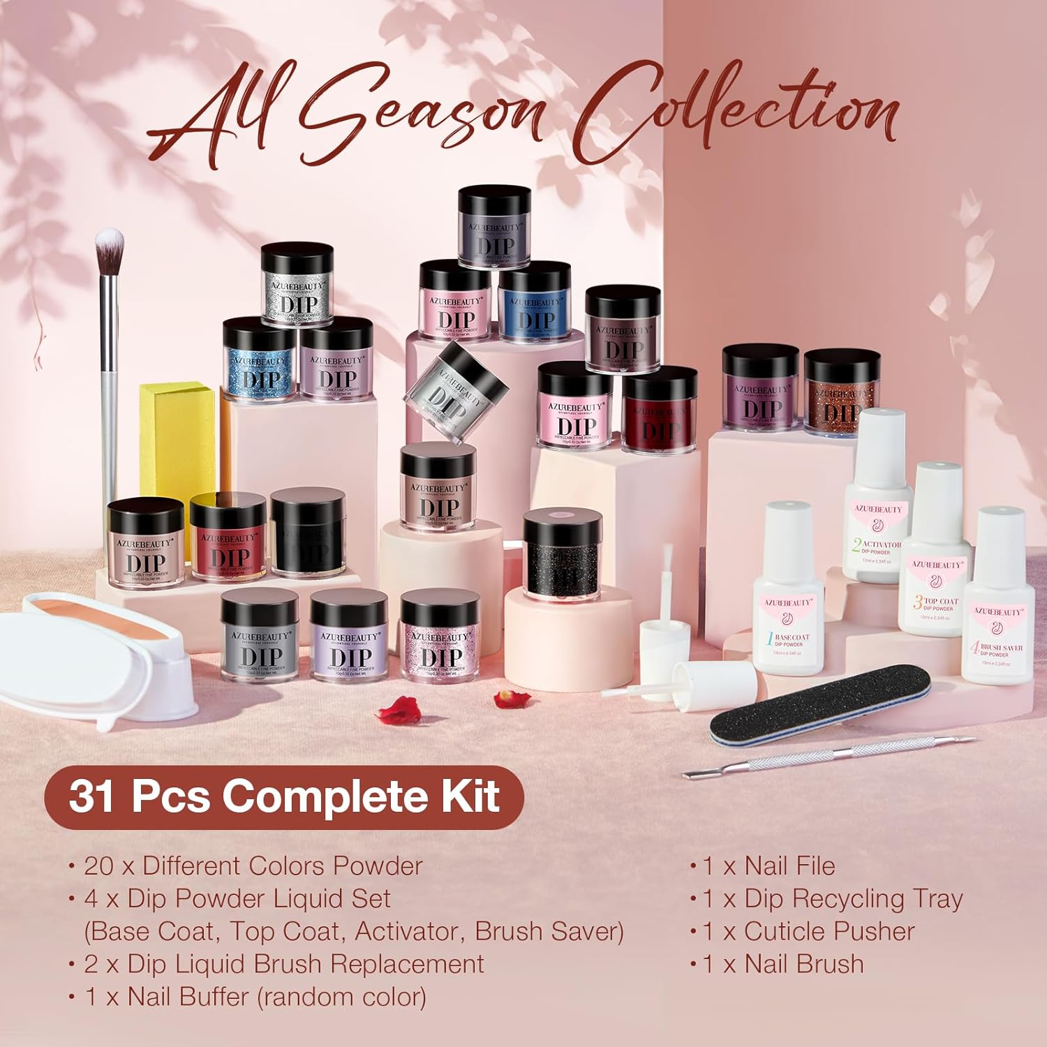 AZUREBEAUTY 31 Pcs Dip Powder Nail Kit Starter, 20 Colors Glitter Nude Pink Gray Red Dip Powder Liquid Set with Top & Base Coat Activator for French Nails Art Manicure DIY Salon Woman Gift