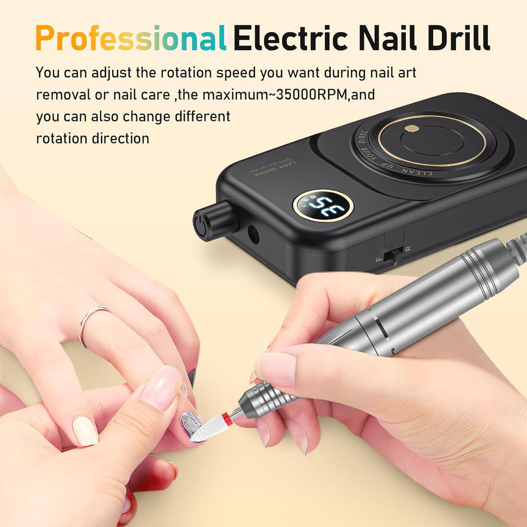 Portable Nail Drill Electric File: 35000RPM Professional Rechargeable Nail E File Machine,for Acrylic Nails Gel Polishing Removing, Cordless Efile with Bits Kit for Manicure Salon Home (White)