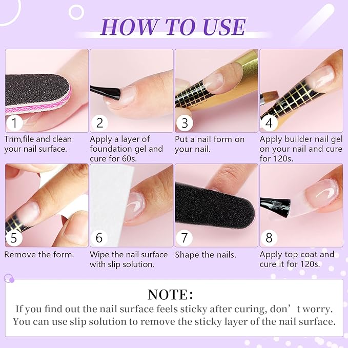 SAVILAND Builder Nail Gel Set - 2 Basic Colors Nail Extension Kit with Foundation Gel Top Gels LED Lamp Brush 100 Pcs Nails Forms at Home Salon