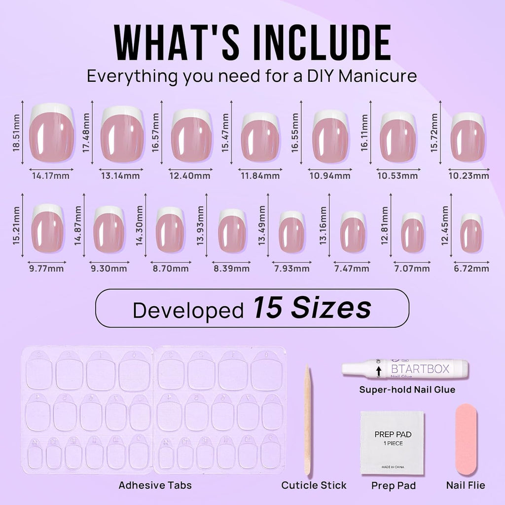 BTArtbox Press on Nails Short - White French Tip Press On Nails Square, Chrome Glazed Glue On Nails, Stick On Nails in 15 Sizes - 30 Soft Gel Fake Nail Kit, Be Elegant
