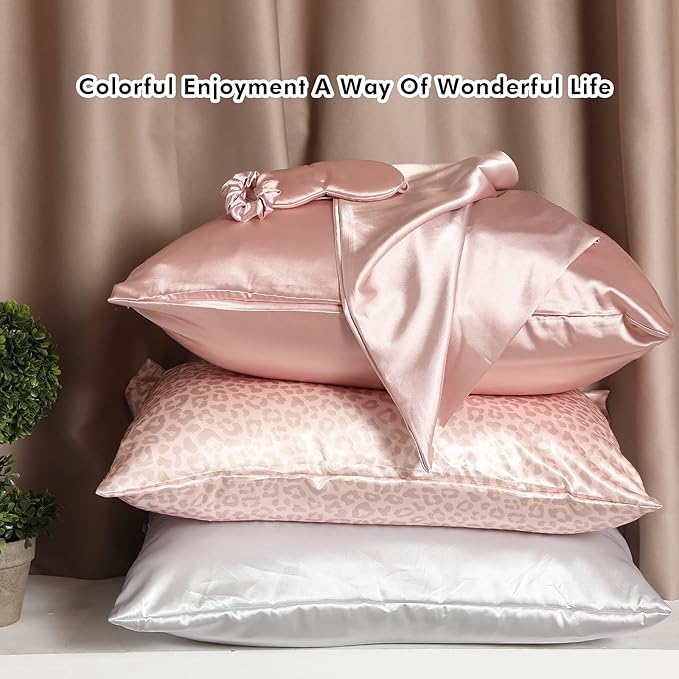 2 Pack Satin Pillowcase with Latent Zipper, Adjustable Satin Eye Mask for Sleeping and Satin Volume Scrunchie for Hair and Skin, Standard Size (Light Pink,Classic Style)