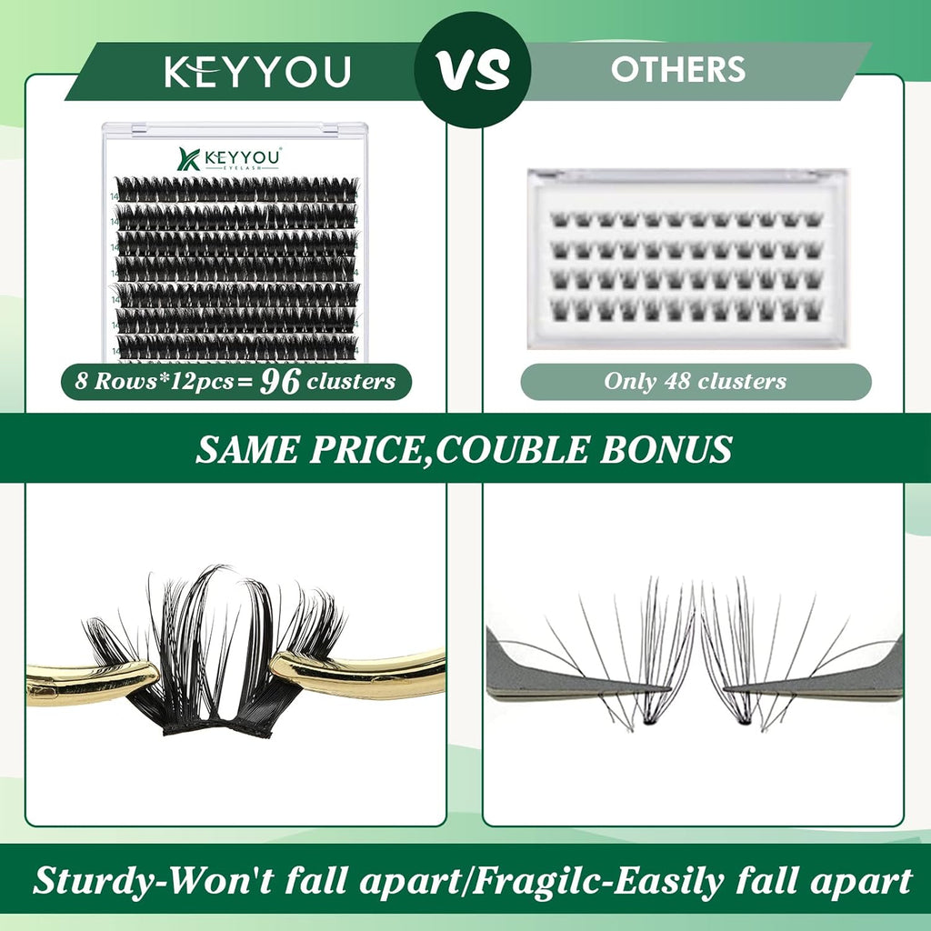 KEYYOU Volume Wispy Lash Extension 96pcs Individual Lashes D Curl 14mm Soft&Comfortable Easy DIY at Home