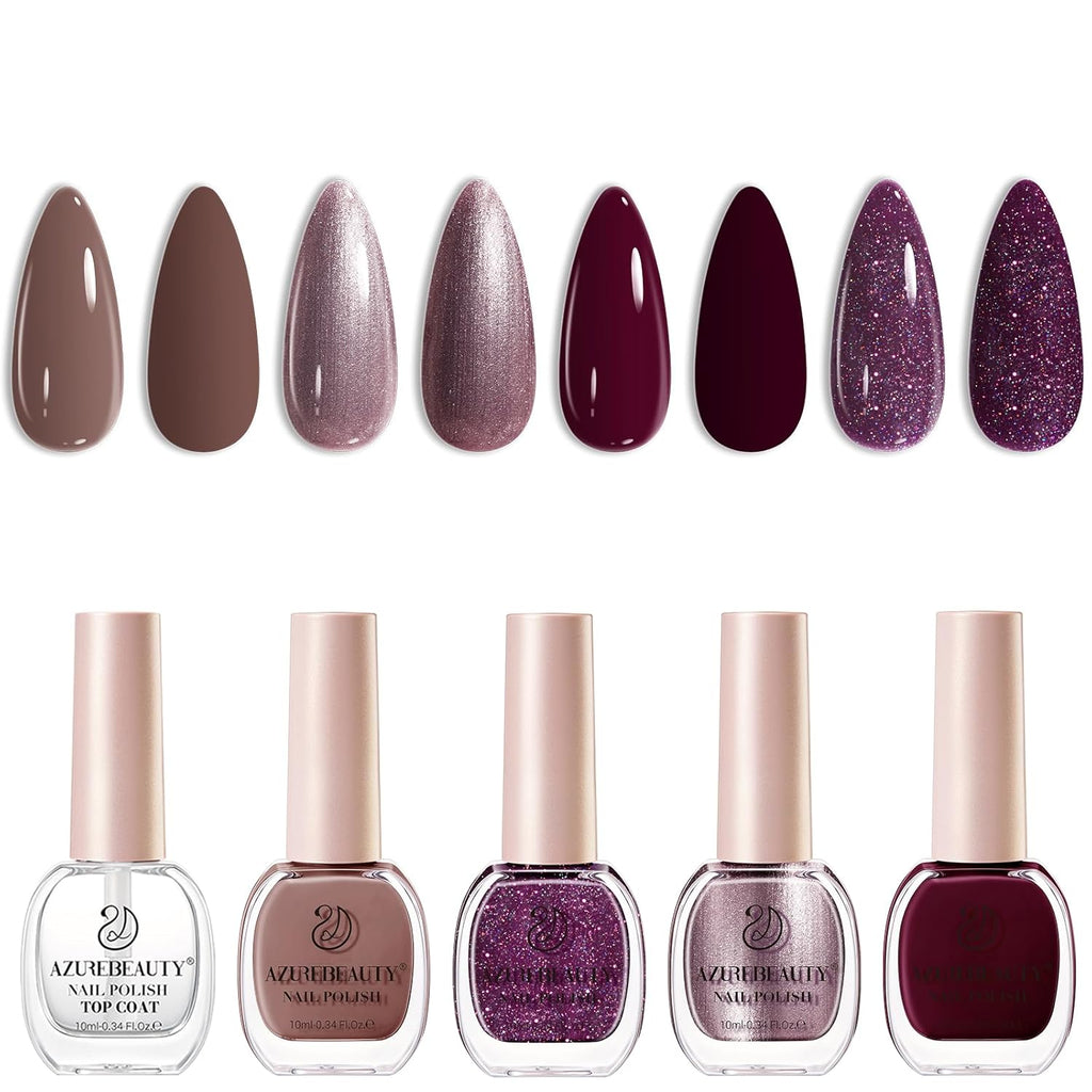 AZUREBEAUTY Nail Polish Set, 4 Colors Brown Purple Glitter Quick Dry Natural Nail Lacquer Strengthening Treatment Kit with Top Coat DIY Salon at Home