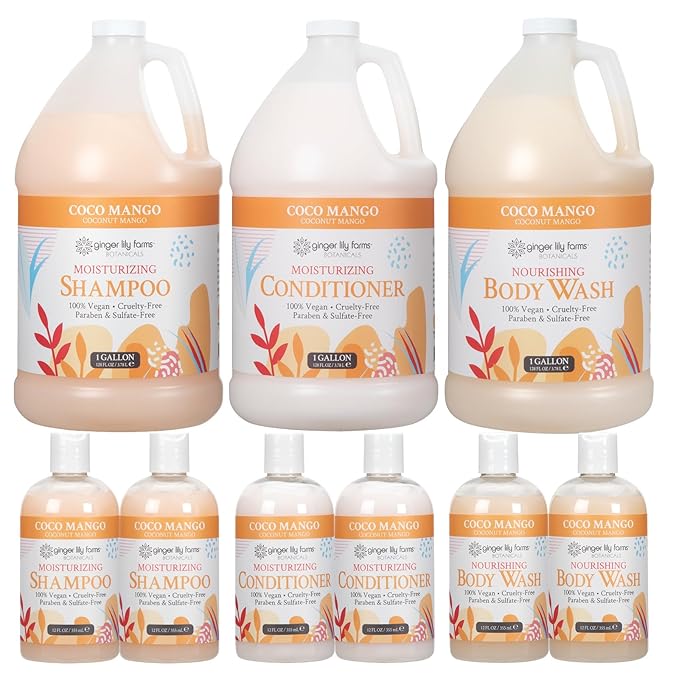 Ginger Lily Farms Botanicals Hospitality Kit, Coco Mango, 9-Pc Set Includes Shampoo, Conditioner & Body Wash, 100% Vegan & Cruelty-Free, Coconut Mango Scent