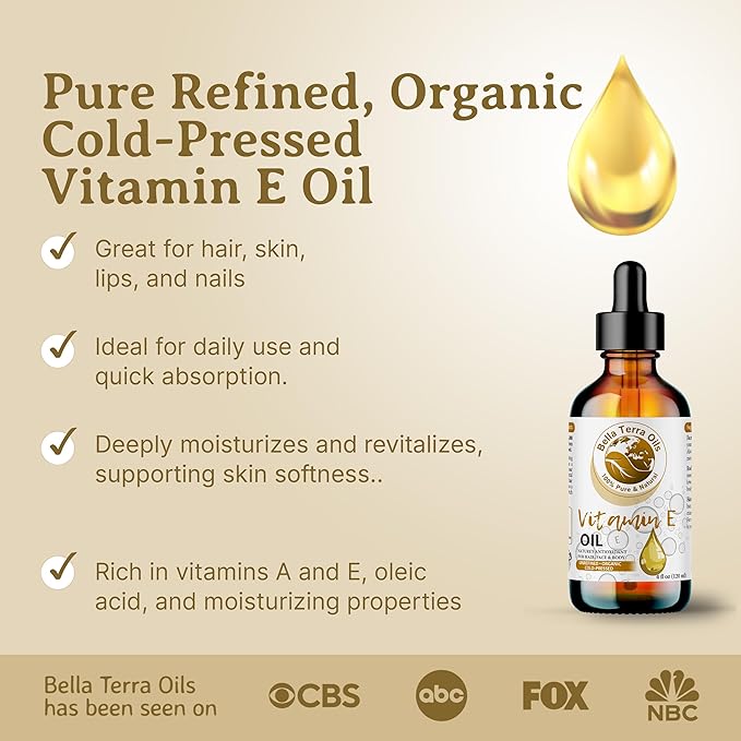 Bella Terra Oils - Organic Vitamin E Oil 2oz - Celebrate Natural Organic Vitamin E's Nutrient-Rich Legacy, D-Alpha Tocopherol Derived, A Must-Have for Luxurious Skin
