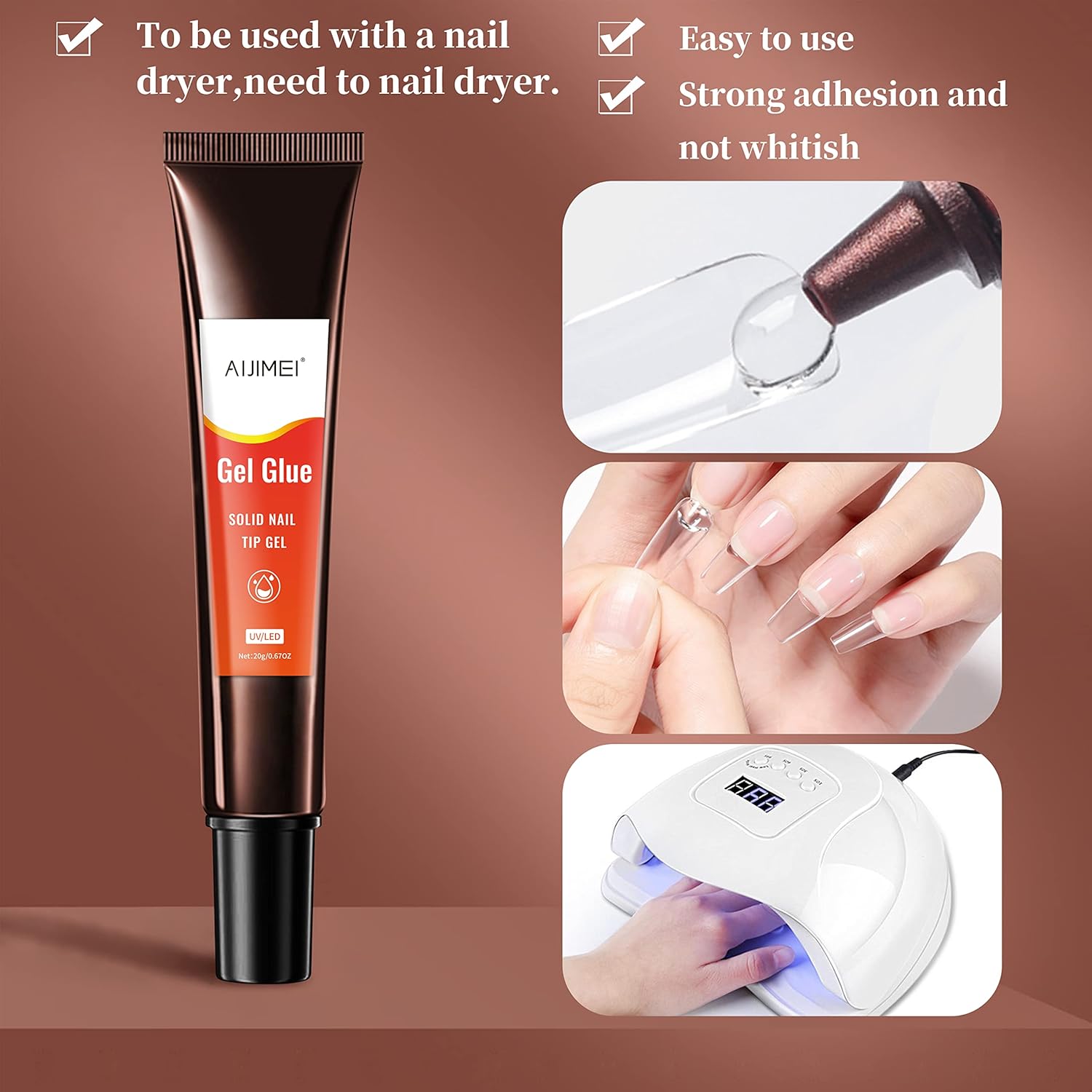 AIJIMEI Nail Glue for Acrylic Nails 20ml - Strong UV Gel Glue for FakeNails & NailTips - Quick Curing Nail Adhesive for Extensions - Salon-Grade Nail BondingGlue