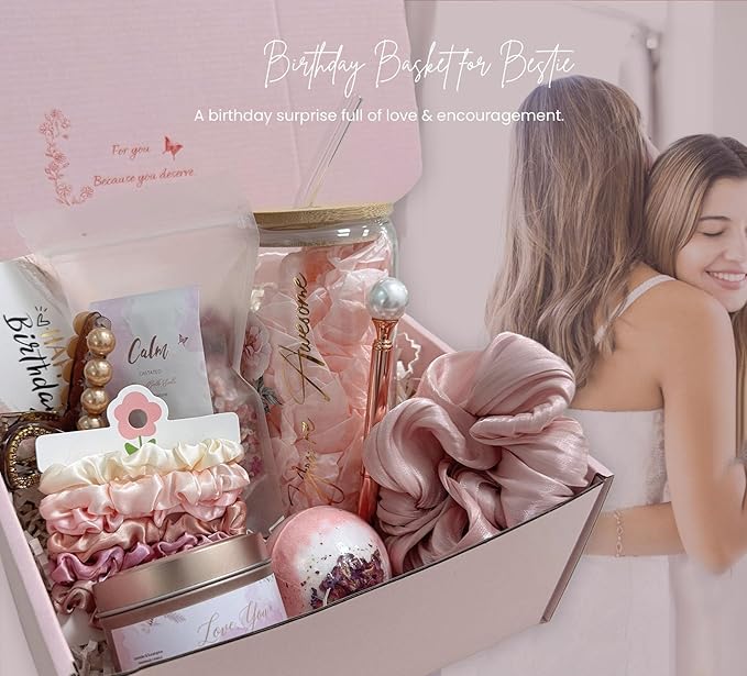 Birthday Gift Box for Women – Rose Gold Pink Aesthetic Gifts for Her – Self Care Relaxation Package for Wife, Girlfriend, Sister, Best Friend – Unique Spa Gift Idea (gold)