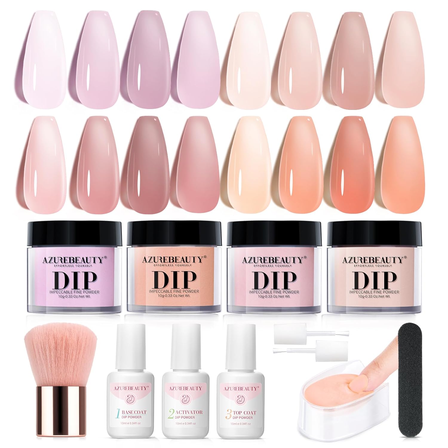 AZUREBEAUTY Dip Powder Nail Starter Kit, 4 Colors Translucent Jelly Nude Gentle Pink Dipping Powder System Liquid Set with Base & Top Coat Activator for French Nail Art Manicure Salon DIY