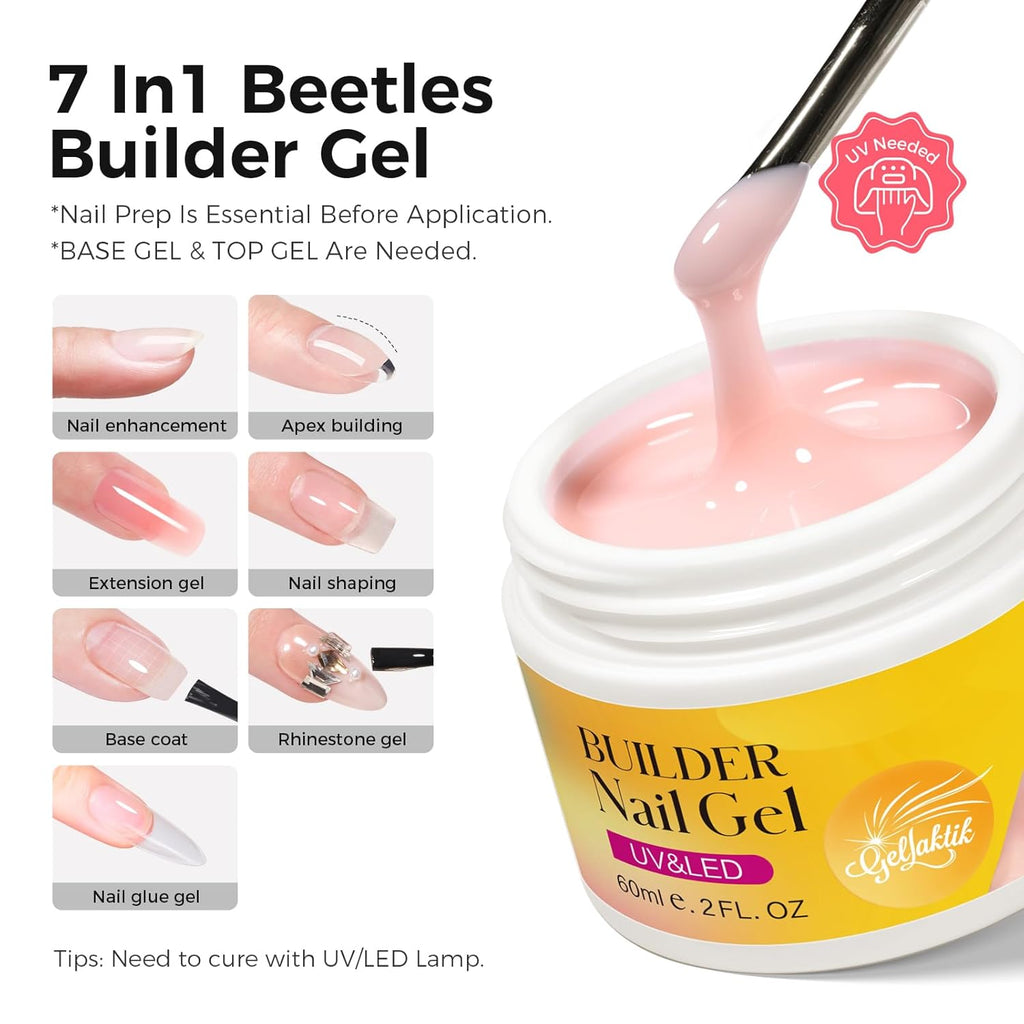 Builder Gel for Nails, 60g Postel Pink Hard Gel for Nail Extension with 10 Nail Forms, Strengthener & Thickening, UV LED Lamp Cured Sculpture, Repair Broken Nails, Salon DIY Manicure Kit