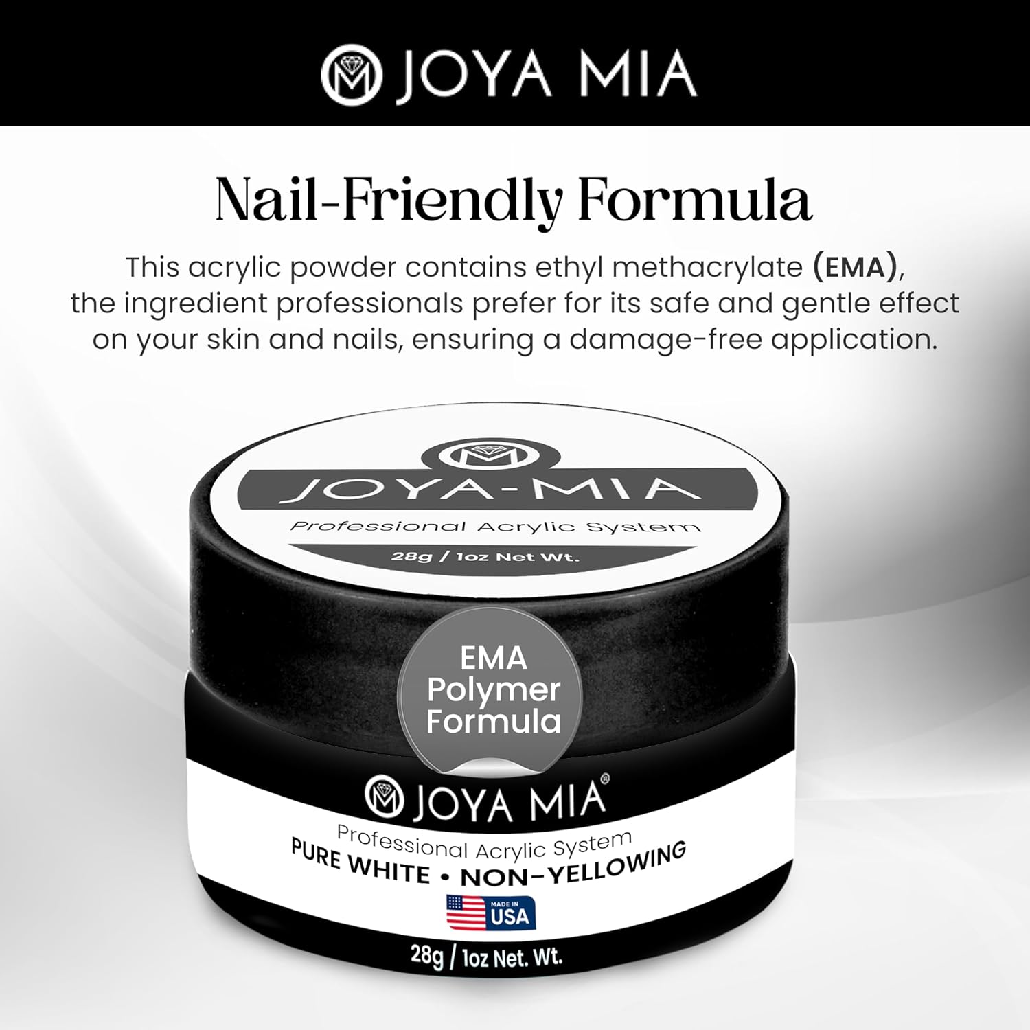 Joya Mia Acrylic Powder for Nails, MMA-Free, Super Adhesion Professional Powder for Flawless & Long-Lasting Nail Enhancements, Easy Application, Vibrant & Stunning Colors - Pure White, 1 oz