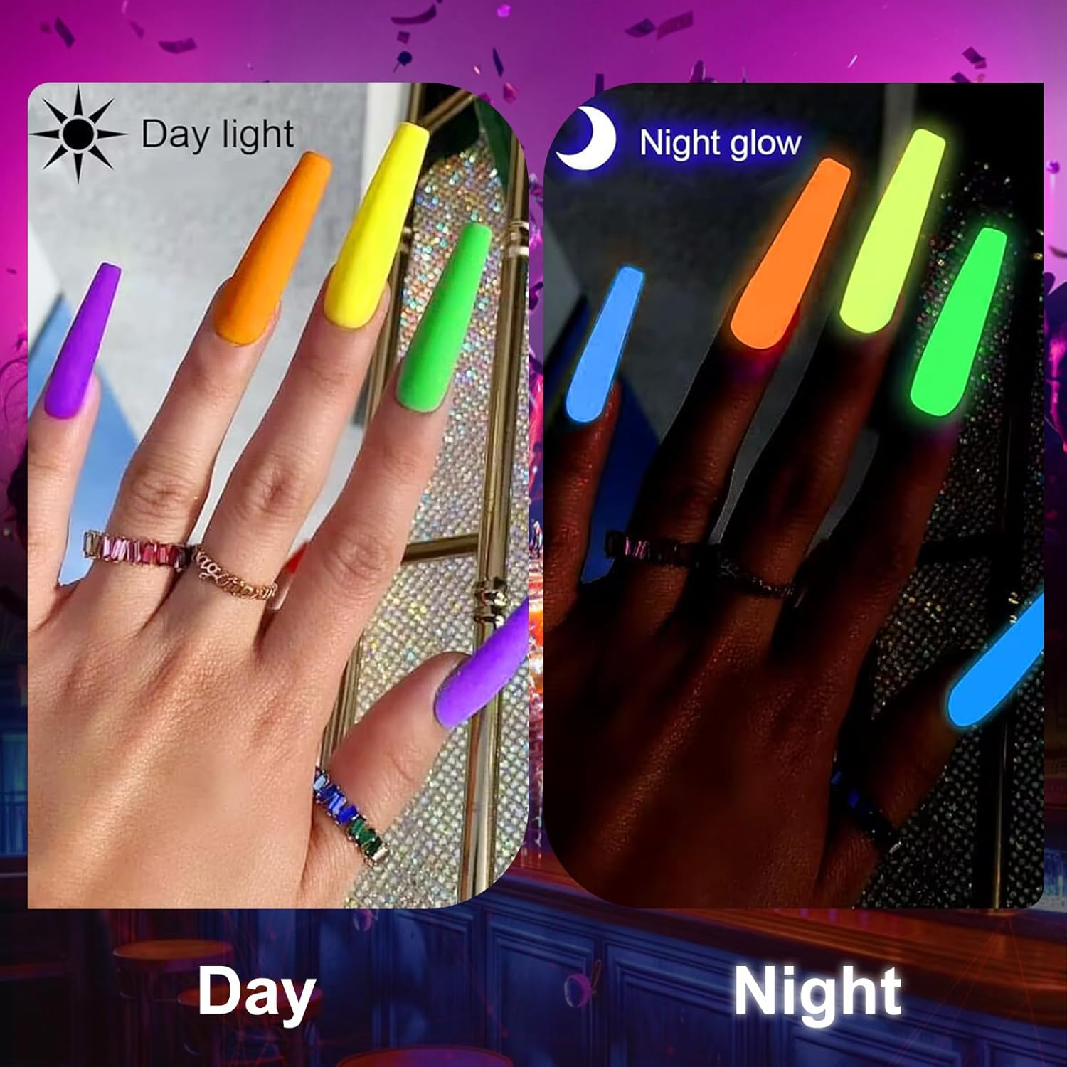 Honey Joy Dip Powder Nail Kit Starter, 4 Colors Glow in Dark Neon Dipping Powder Liquid Set for Halloween Xmas Club Black Light Fluorescent Birthday Masquerade Party Supplies, Dip-7pcs-No.19