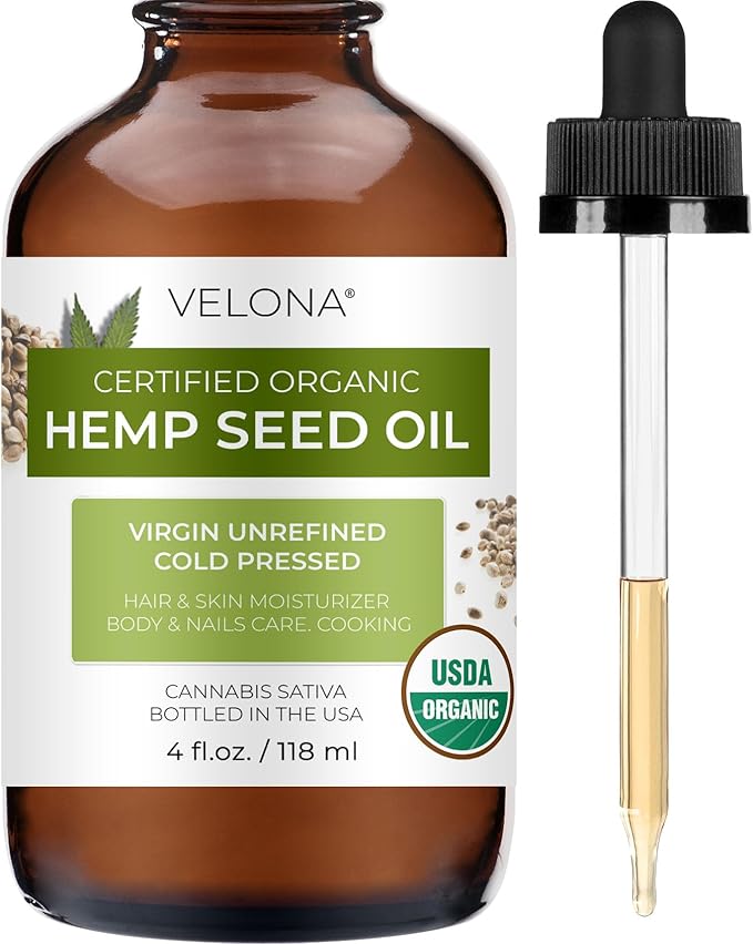 velona Hemp Seed Oil USDA Certified Organic - 4 Fl Oz | 100% Pure and Natural Carrier Oil | Unrefined, Cold Pressed | Hair, Body, Face & Skin Care