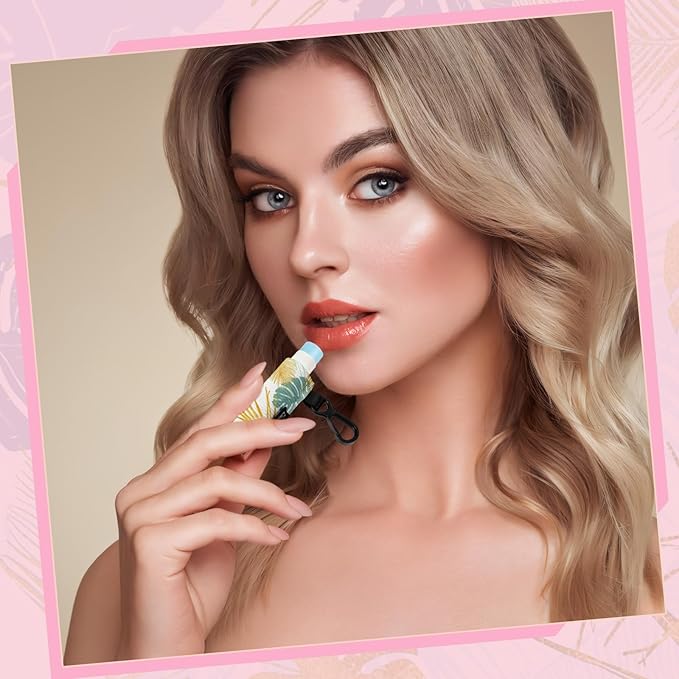 Chapstick Holder Key Chain, Lip Balm Holder for Chapstick Lip Gloss, Elastic Sleeve Chapstick Keychain Holder for Keys Purse Lanyard Gift for Women Girls (Tropical Leaf, 3pcs)