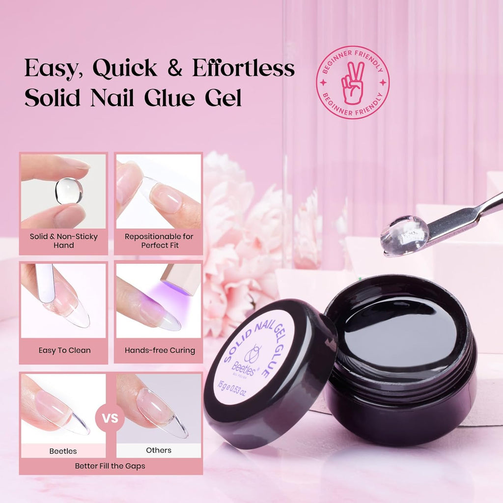 Beetles Gel Nail Kit, 300Pcs Almond Medium Nail Tips with Solid Nail Gel Glue,15 Sizes Soft Clear Nail Tips with Base Coat, Handheld Nail Lamp, Easy Nail Extension Set DIY Manicure Art Gift for Girls