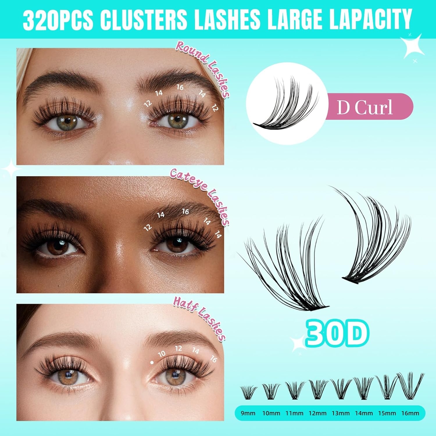 Lash Clusters Wispy 320PCS Eyelash Extension 30D Cluster Lashes Individual Lashes DIY Lash Extension Natural Look Cluster Eyelash Extensions Soft False Eyelashes at Home for Beginners(D-Mix9-16mm)