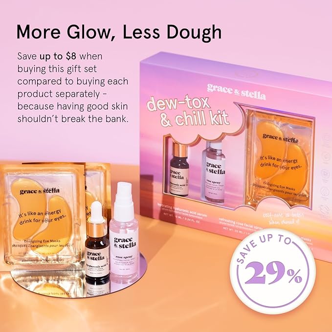 grace & stella Award-Winning Mothers Day Gifts for Mom, Birthday Gifts for Women - Travel Essentials with Gold Eye Masks, Hyaluronic Acid Serum & Rose Spray - Vegan Skin Care Set - Bachelorette Party