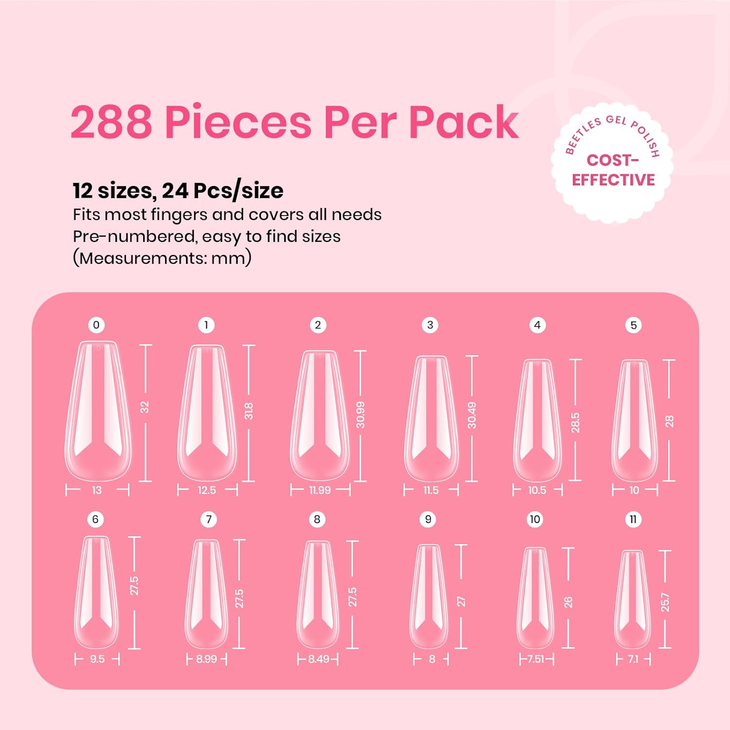 Beetles Gel Nail Tips Long Coffin Pre-Etched Nail Tips, 12 Sizes 288Pcs Pre Shaped Soft Gel Clear Nail Full Cover False Nail Tips Acrylic Glue on Nails Extension Fake Nails Manicure Gifts for Women
