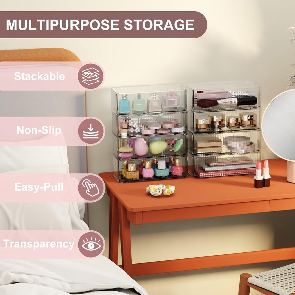 8-Pack Clear Stackable Storage Drawers with 16 Non-Slip Silicone Feet, Multi-Purpose Cosmetic & Home Organizers for Vanity, Office, Bathroom, Pantry, Easy-Pull Transparent Acrylic Storage Bins