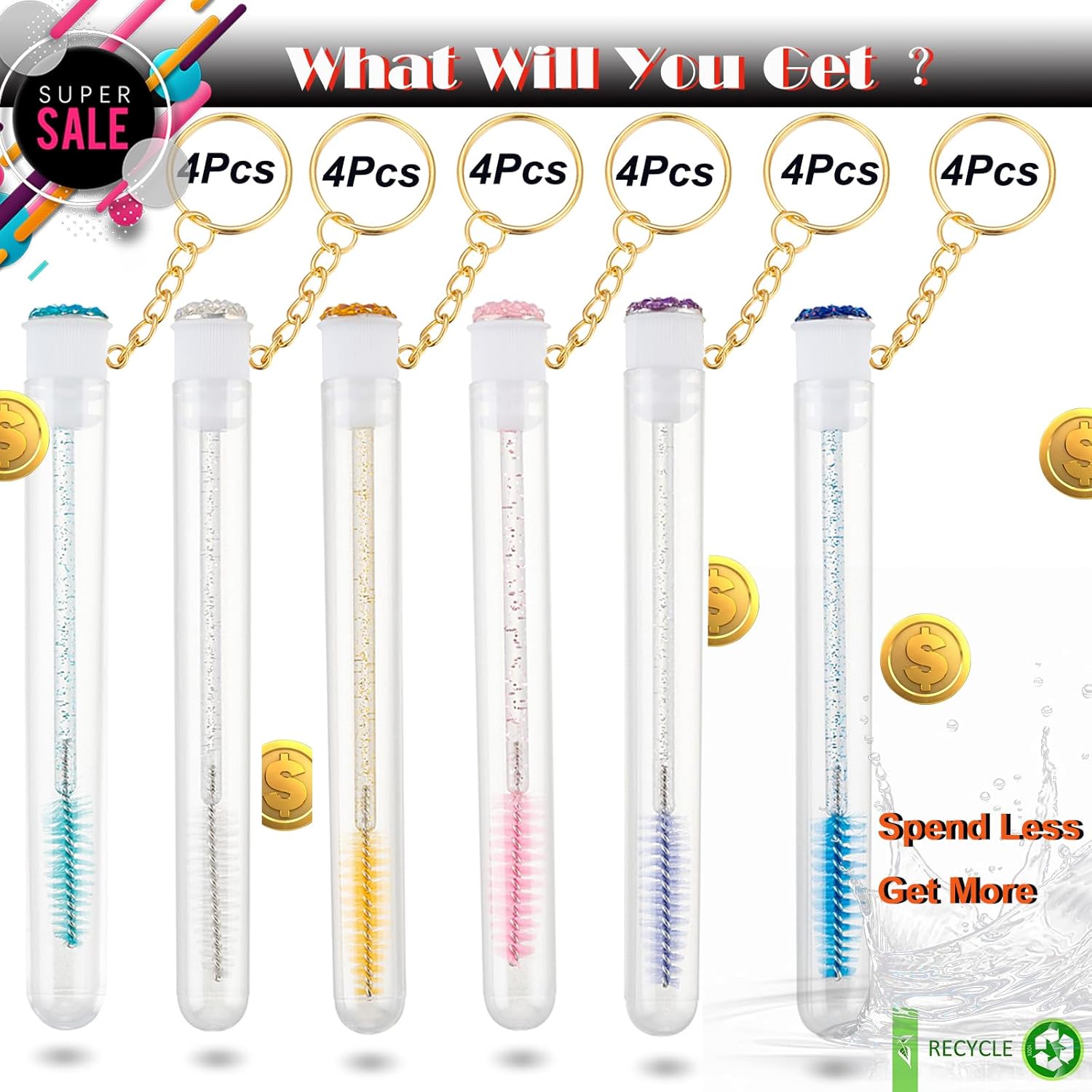 Upgrade 48 Pieces Disposable Mascara Wands Set, Include 24 Pcs Crystal Lash Spoolies Brush and 24 Pcs Reusable Keychain Empty Eyelash Brush Tubes
