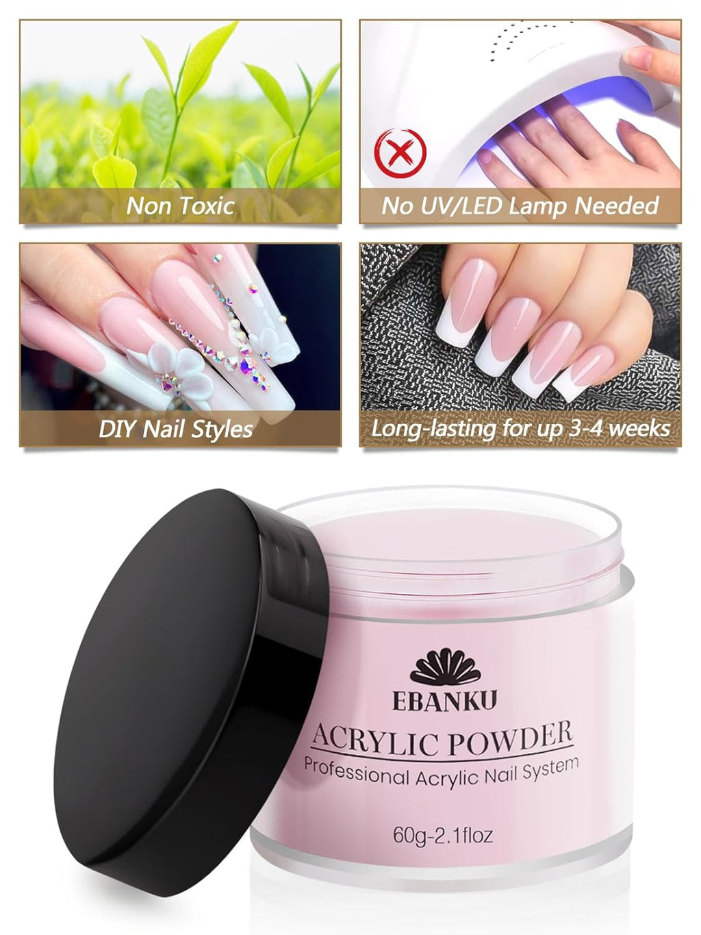 EBANKU Acrylic Nail Powder Set, 2 Colors Pink White Acrylic Powder Professional Nail Acrylic Powder for Nail Acrylic Extension, Nail Carving, Long-Lasting, No Nail Lamp Needed, 2.1 oz