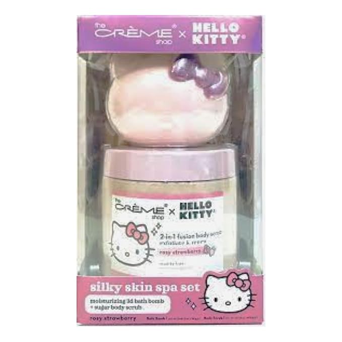 The Creme Shop Hello Kitty Silky Skin Spa Set - Bath Bomb & Body Scrubs for Radiant Silky Skin - Moisturizing Bath Bomb & Sugar Body Scrub - Indulge in Your at-Home Spa Kit – Strawberry