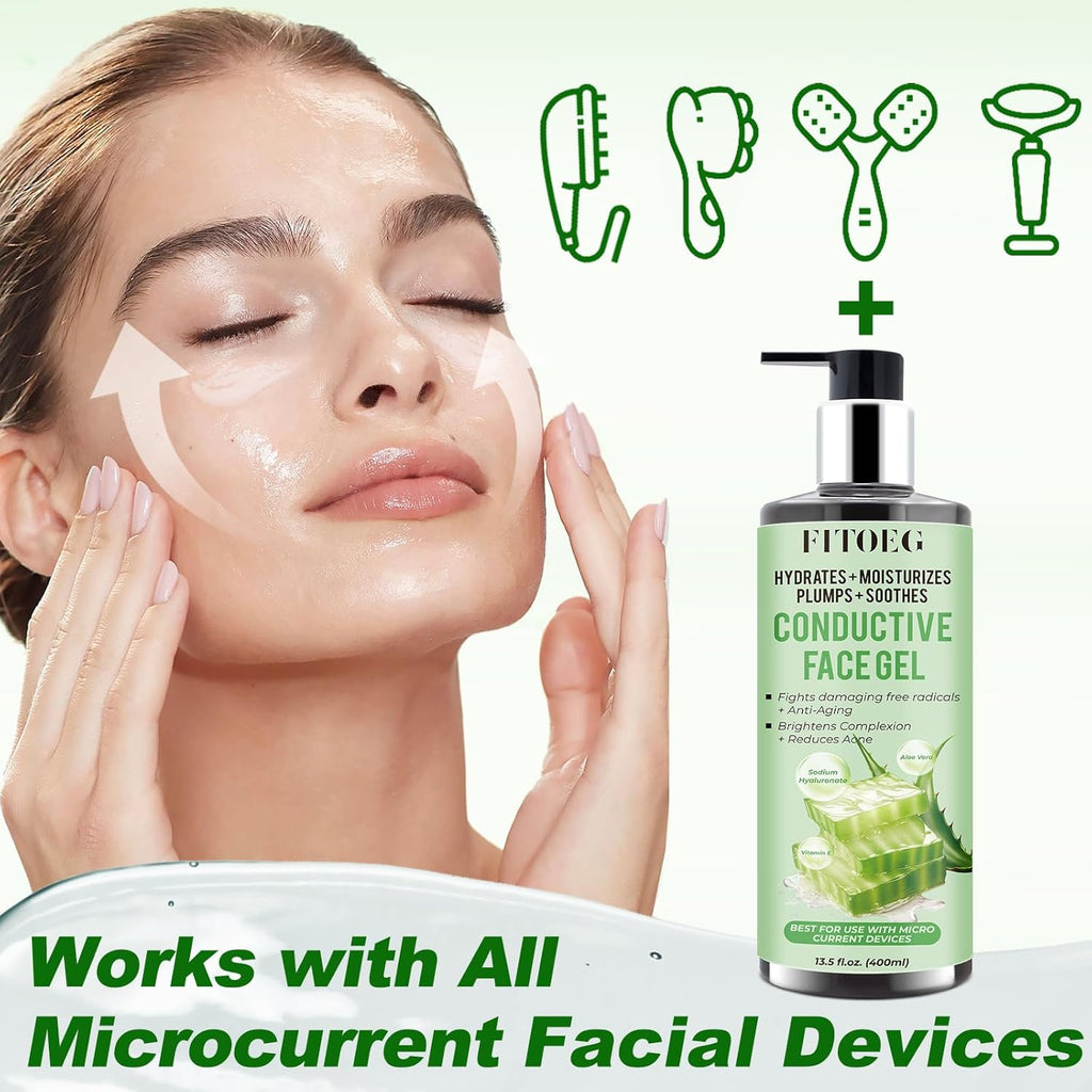 Conductive-Gel-for-Face-Microcurrent, 13.5 Oz Large Bottle Hydrating Massage Gel Serum for Facial Machine Device, Leave-On Gel Primer for Face,Hyaluronic Acid,Aloe Vera,Vitamin E