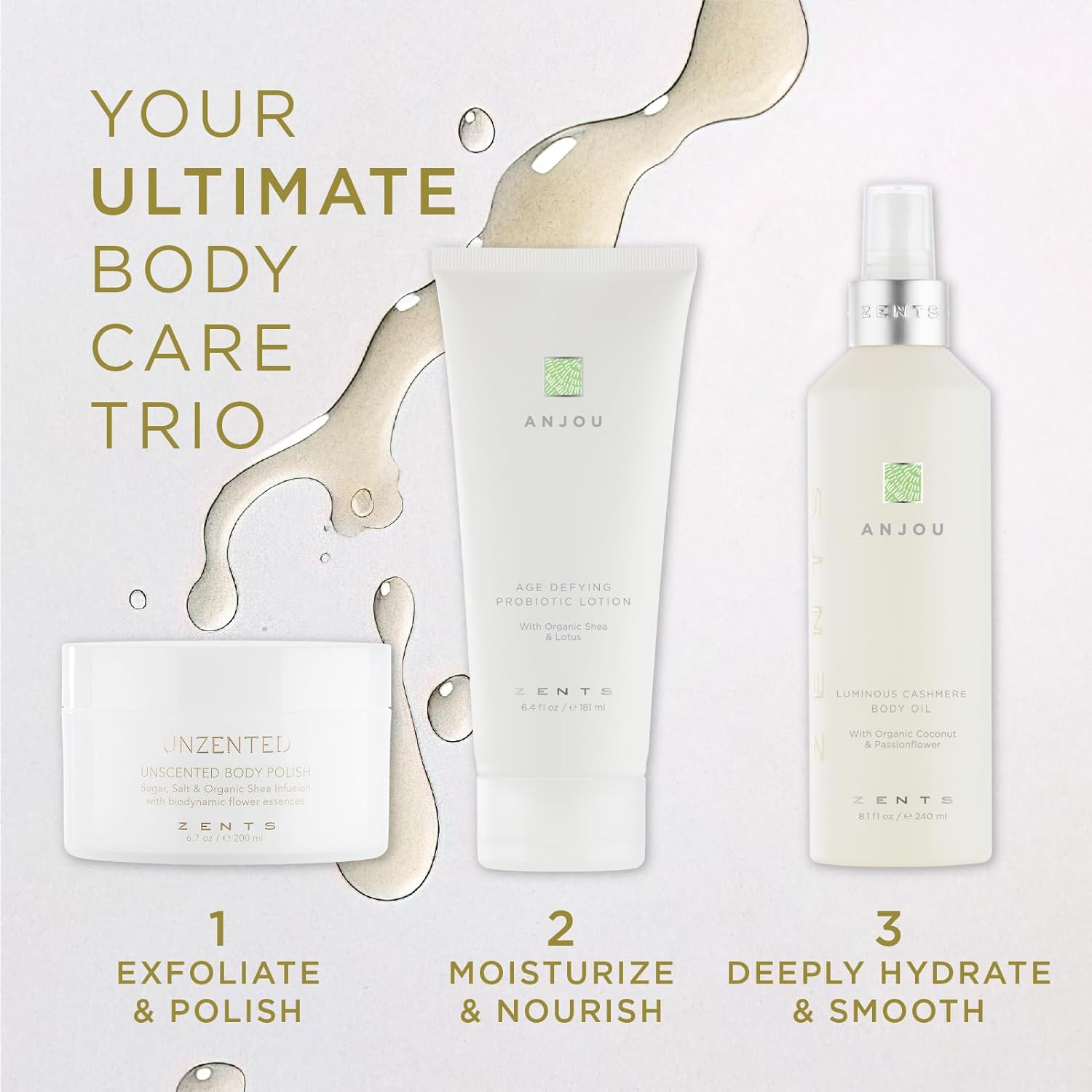 Zents Luminous Cashmere Body Oil (Anjou Fragrance) | Moisturizing Body Oil with Vitamin E & Organic Coconut Oil | Softens & Smooths Skin | 8 fl oz