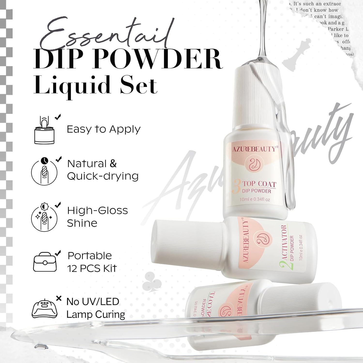 AZUREBEAUTY Dip Powder Nail Kit Starter, Light & Dark Grey Black Glitter Sparkle, 4 Colors Dipping Powder Set All Seasons, French Nail Art Base Top Coat Activator Liquid Manicure DIY Salon 12 PCS