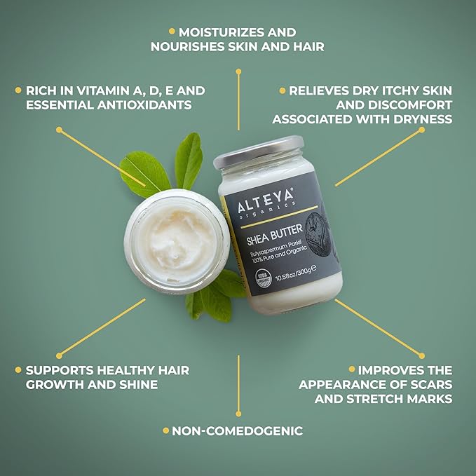 Alteya Organics Pure Shea Butter 10.58fl oz/300g Glass Jar- 100% USDA Certified Organic Pure Shea Butter (Butyrospermum Parkii)