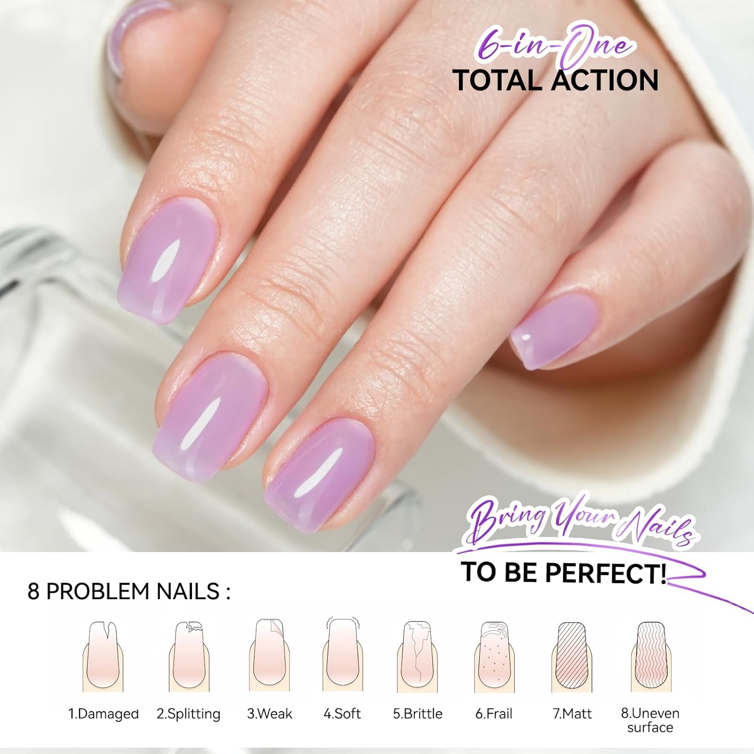 Nail Polish Strengthener and Growth: Lavender Haze 15ml Gelike EC 6 in 1 Natural Hardener - Long Lasting Nail Polish Hardener Extra Strong and Growth for Daily Work Home Salon