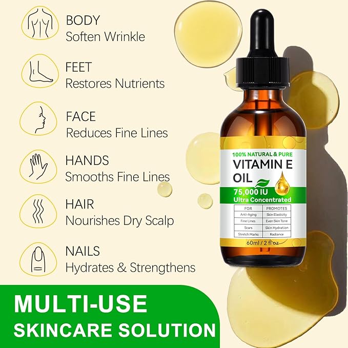 Vitamin E Oil, Cold Pressed Ultra Pure 75,000 IU Vitamin E Oil for Skin, Face and Scars, Deeply Nourish Enhancing Dry Skin Moisturizing, Reduce Fine Lines & Scars, Firmness & Elasticity 2Fl Oz