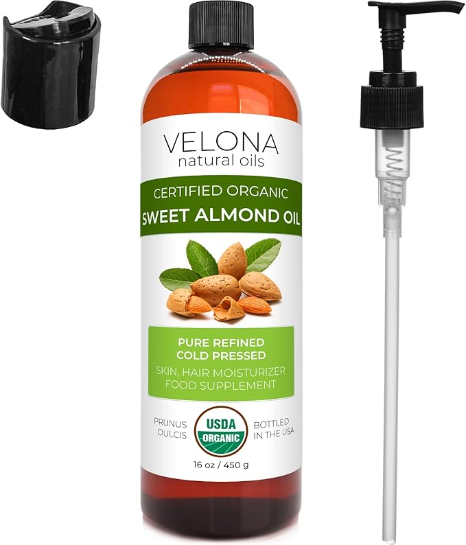velona USDA Certified Organic Sweet Almond Oil - 16 oz | 100% Pure and Natural Carrier Oil | Refined, Cold Pressed | Skin, Hair, Body & Face Moisturizing | Use Today - Enjoy Results