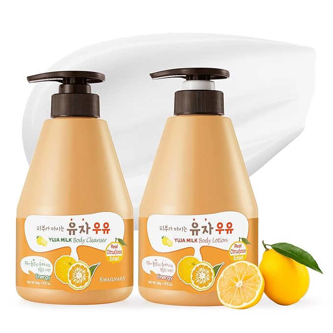 WELCOS Kwailnara Yuja Milk Body Lotion & Body Wash Set – Moisturizing & Revitalizing Korean Skincare Bundle with Yuja Extract, 560g / 19.75oz Each