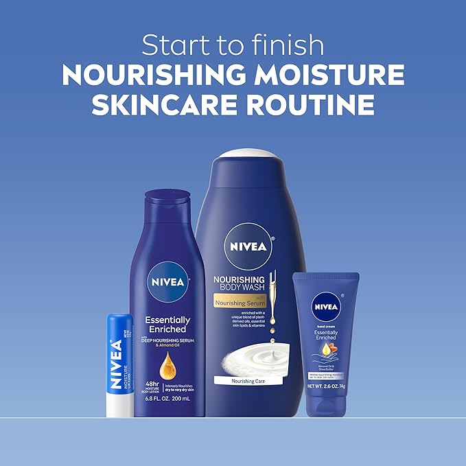NIVEA Skin Care Set For Her, Nourishing Body Wash, Moisturizing Body Lotion, Lip Balm Stick with Shea Butter, & Hand Cream, 4 Piece Gift Set