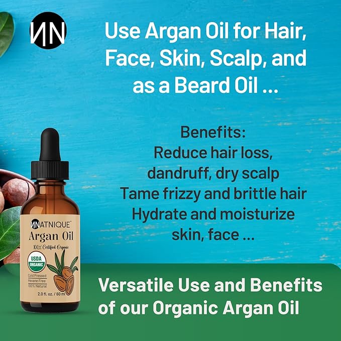 Argan Oil Organic 2oz 100% Natural USDA Argan Oil for Hair, Face, Body, Scalp & Skin. Promotes Hair Growth, Cold Pressed, 100% Pure Hexane Free Moisturizer - Men & Women