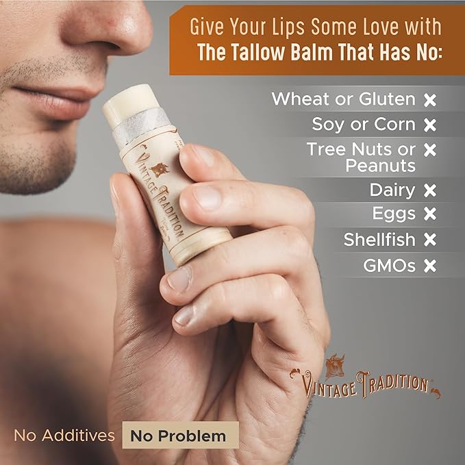 Vintage Tradition Moisturizing Beef Tallow Lip Balm – Tube Lip Moisturizer with Citrus & Lavender Essential Oil Blend Hydrates & Soothes Dry Lips – Grass-Fed Tallow Balm for Skin Care, 0.5 Fl. Oz.