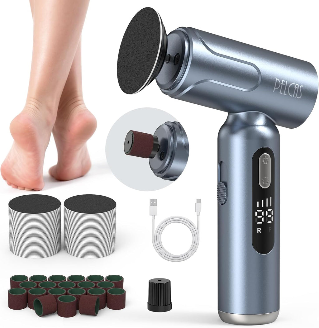 PELCAS Electric Foot Callus Remover with LED Screen, Upgraded Electric Foot File, 2 in 1 Manicure & Pedicure Kit for Women & Men, Cordless Feet Filer for Foot Callus, Thick Nails, Finger Nails Grey