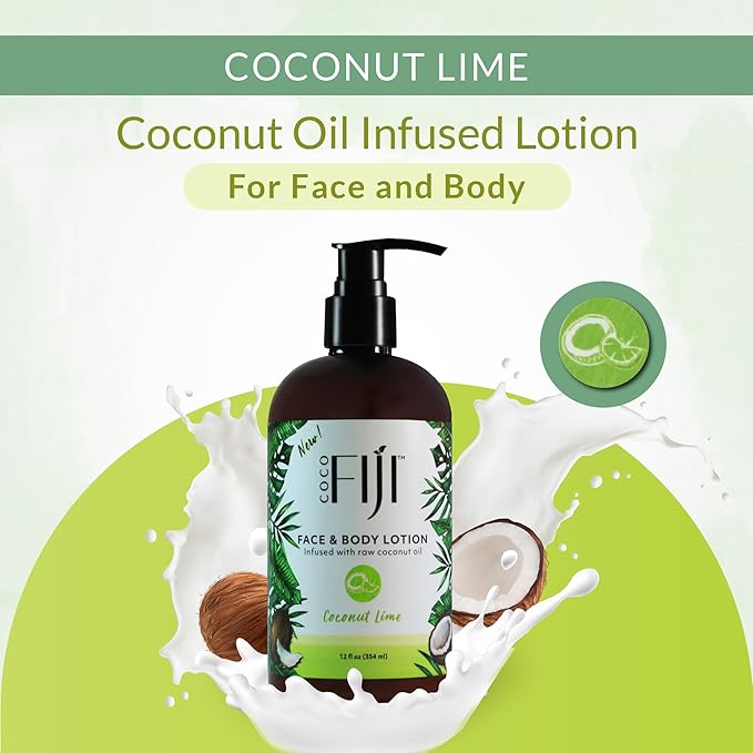 Coco Fiji Face & Body Lotion Infused with Coconut Oil | Lotion for Dry Skin | Moisturizer Face Cream & Massage Lotion for Women & Men |Coconut Lime 12 ozPack of 3