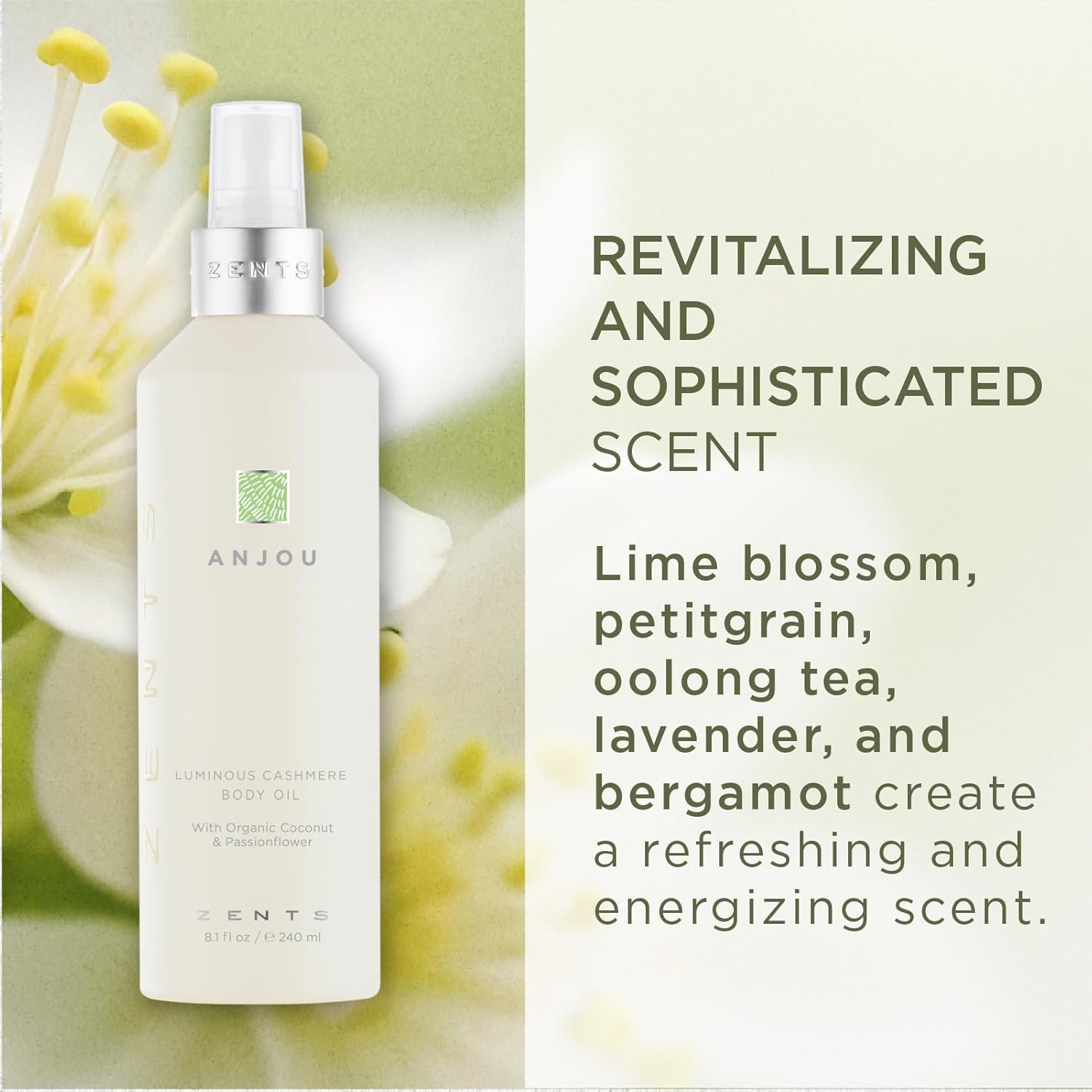 Zents Luminous Cashmere Body Oil (Oolong Fragrance) | Moisturizing Body Oil with Vitamin E & Organic Coconut Oil | Softens & Smooths Skin | 8 fl oz