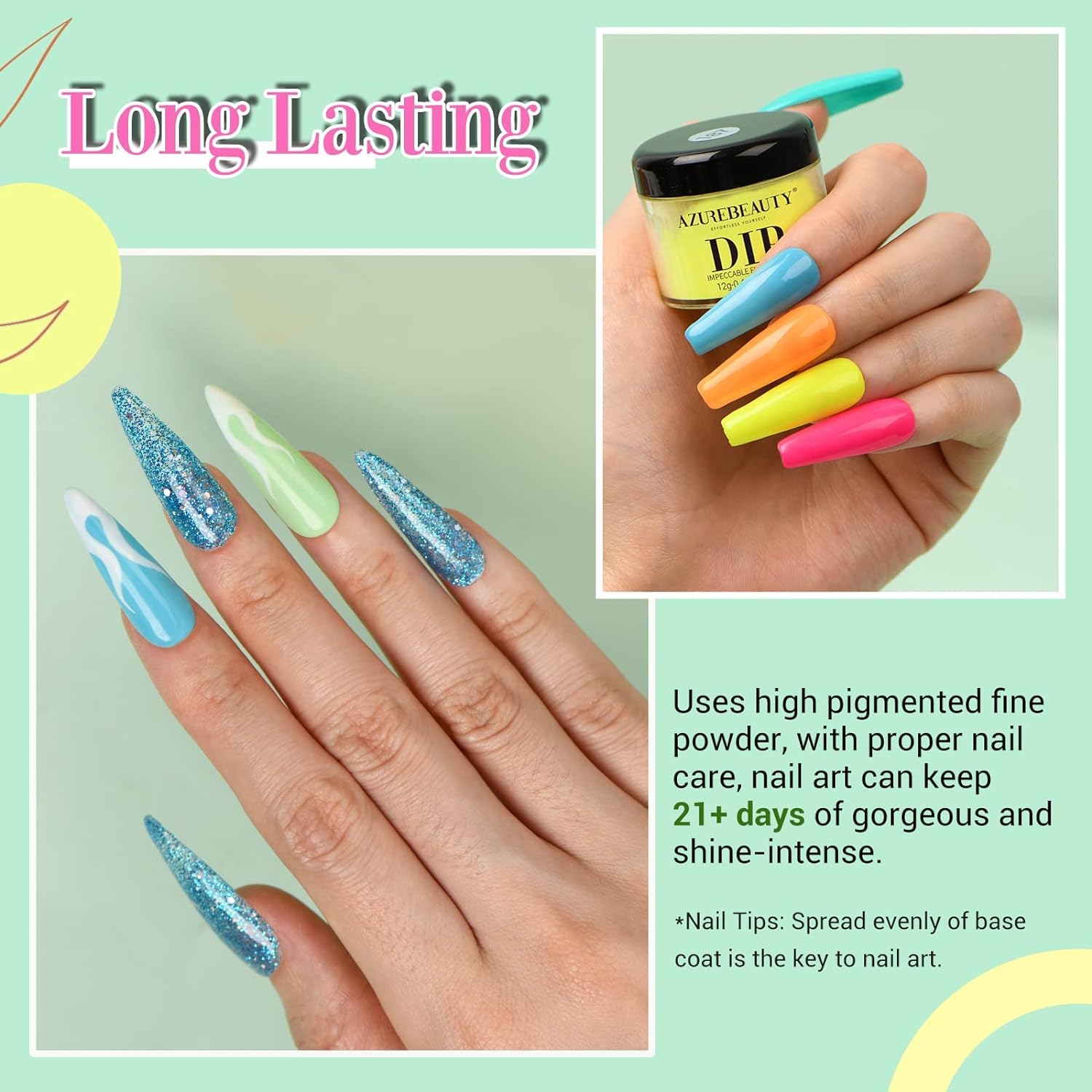 AZUREBEAUTY Dip Nails Powder Starter Kit, Summer Bright Pink Green Series Friendly Acrylic Dip Powder for French Nail Art Manicure,Gift for Women,Air-dry No Nail Lamp Needed