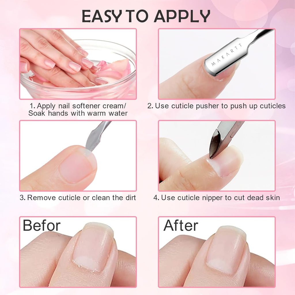 Makartt Cuticle Pushers, 2Pcs Stainless Steel Dual Ended Cuticle Remover with Spoon Pusher, Cutter, Scraper & Dead Skin Fork, Pink Manicure Pedicure Nail Care Kit