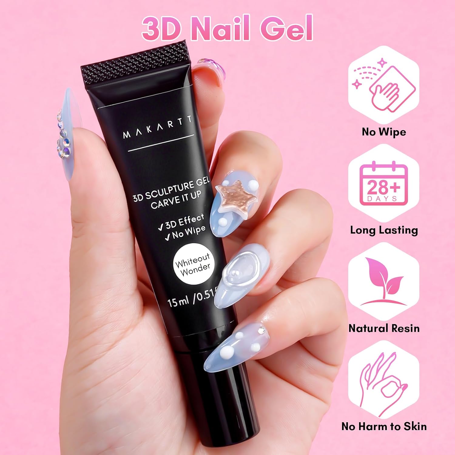Makartt 3D Nail Gel for Nail Art: No Wipe 15g White Sculpting Molding Candy Craving Gel Polish Rhinestone Nails Charm Glue Decoration Manicure Designs (Whiteout Wonder)