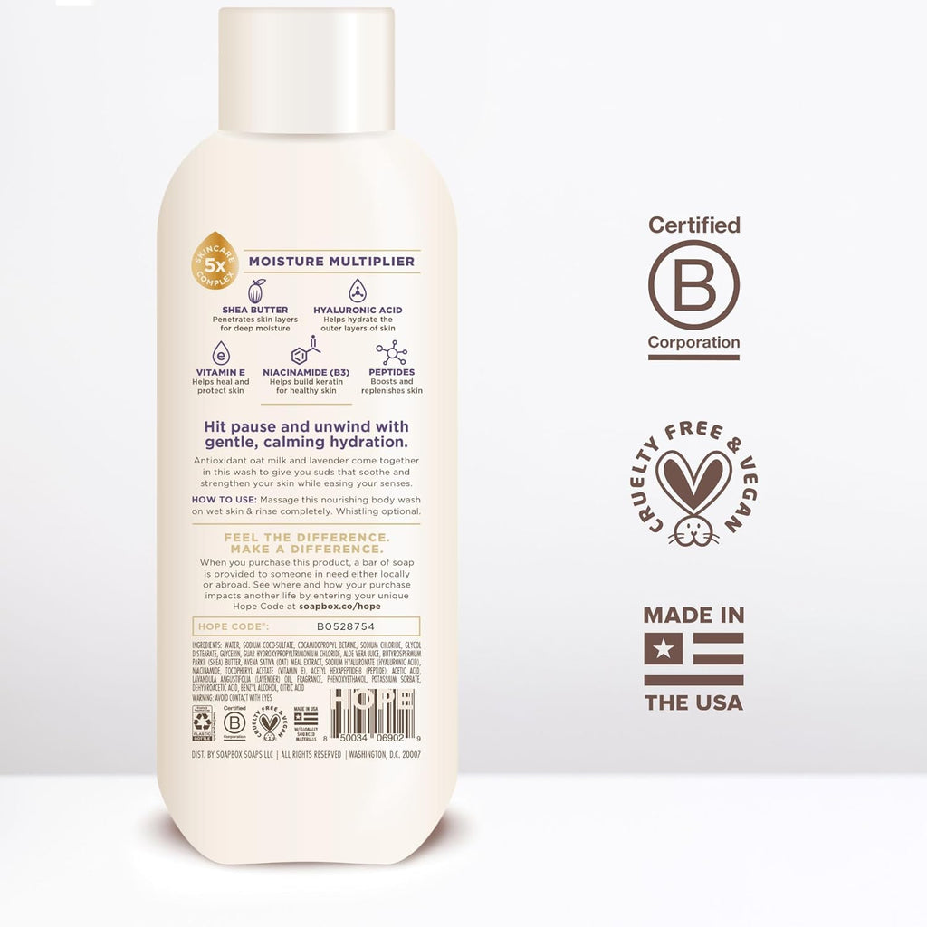 Soapbox Body Wash, Oatmilk & Lavender Liquid Body Wash, Moisturizing Soap with Shea Butter, Vegan Duo Pack of 2 Soap Bottles, 20oz Each