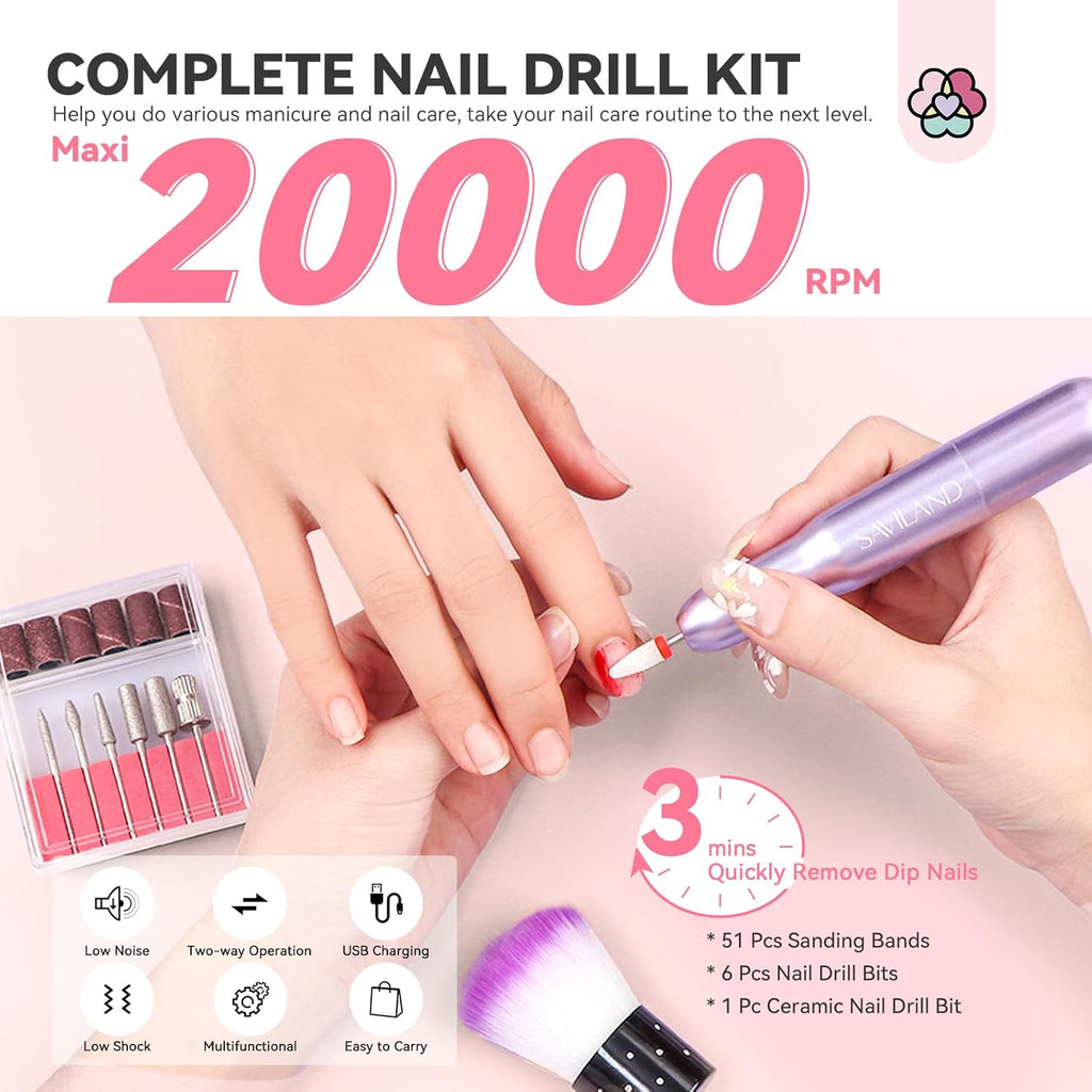 SAVILAND Dip Powder Nail Kit with Drill: 6 Color Dip Nails Powder Starter Kit Pink Nude Glitter Clear with Essentials Liquid Set Base Top Activator for French Manicure Beginner DIY Home