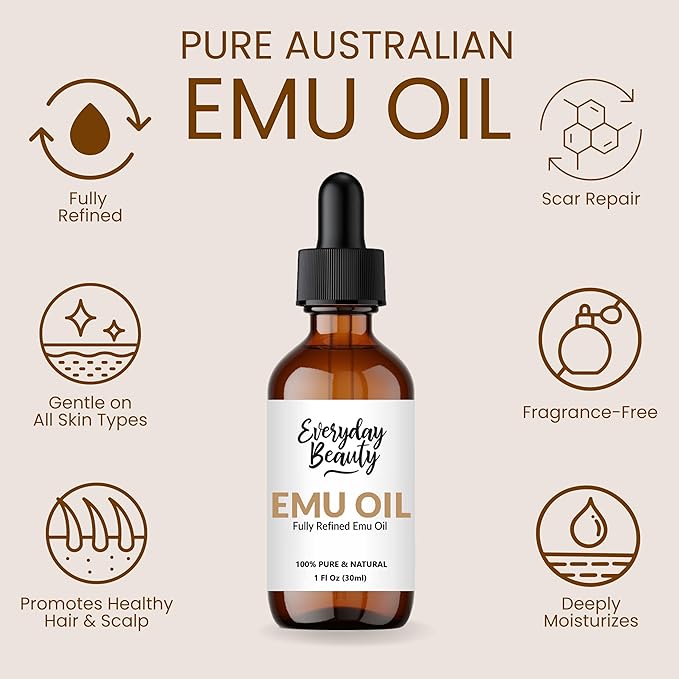 Pure Australian Emu Oil - All Natural 6X Refined for Face, Skin and Hair - Highly Effective Hydration for Sensitive Skin & Hair Growth Perfect for Scars & Blemishes - 1 Fl Oz Glass Bottle & Dropper
