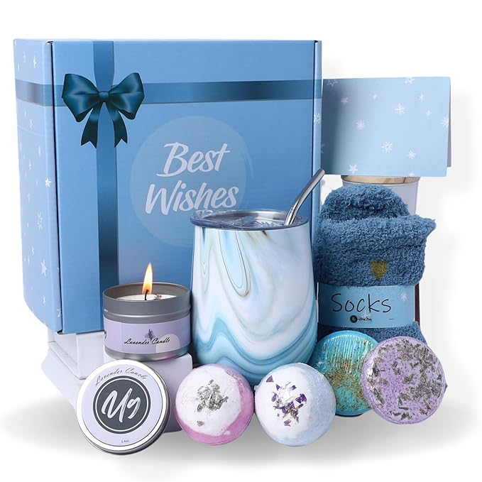 Birthday Gifts for Women – Relaxing Spa Care Package with Wine Tumbler, Bath Bombs, Candle & Socks – Self Care Gift Box for Her
