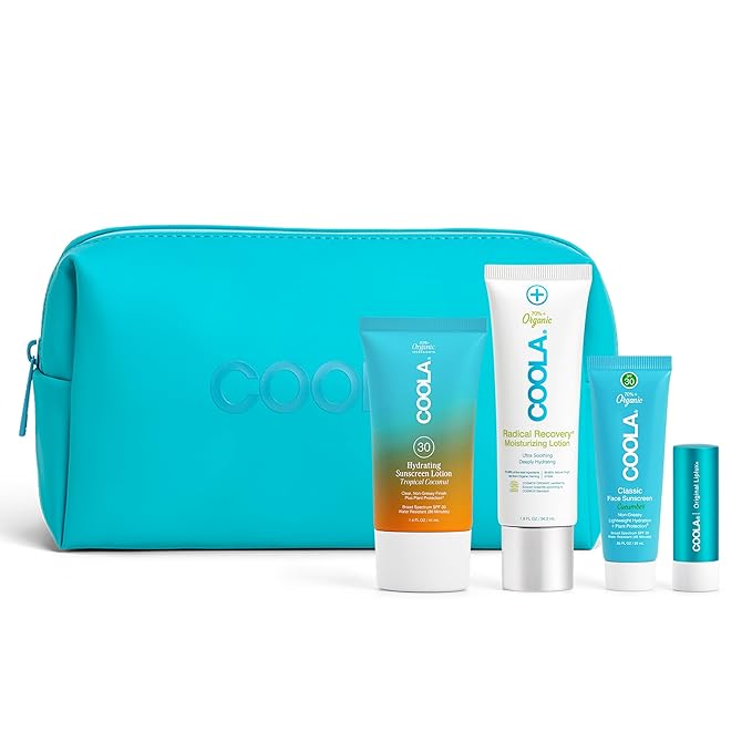 COOLA Organic Sunscreen and Lip Balm SPF 30 Sun Essentials Kit, Dermatologist Tested and TSA Approved, Vegan and Gluten Free, 4 Items Total