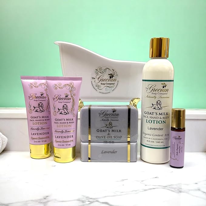 Self Care Gifts for Women, 6pcs Goat Milk & Olive Oil Skin Care Set, Relaxing Gift Basket, Bridal Shower Gifts, Birthday Gifts, Gifts for Mom, Lavender Scent, Handmade in USA