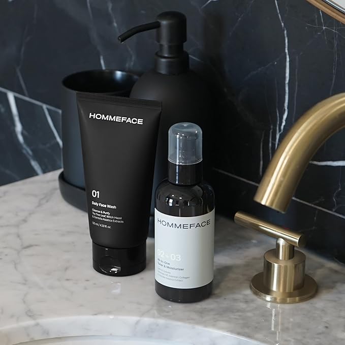 HOMMEFACE Men’s 2-Step Daily Skincare Kit + 5 Facial Sheet Mask Set Bundle