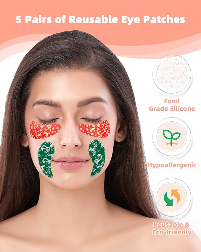 Under Eye Patches Silicone - 5 Pairs Reusable Eye Patches, Christmas Gifts for Women, Eye Wrinkle Patches, Reusable Under Eye Mask, Plump Fine Lines & Wrinkles, Christmas Red & Green